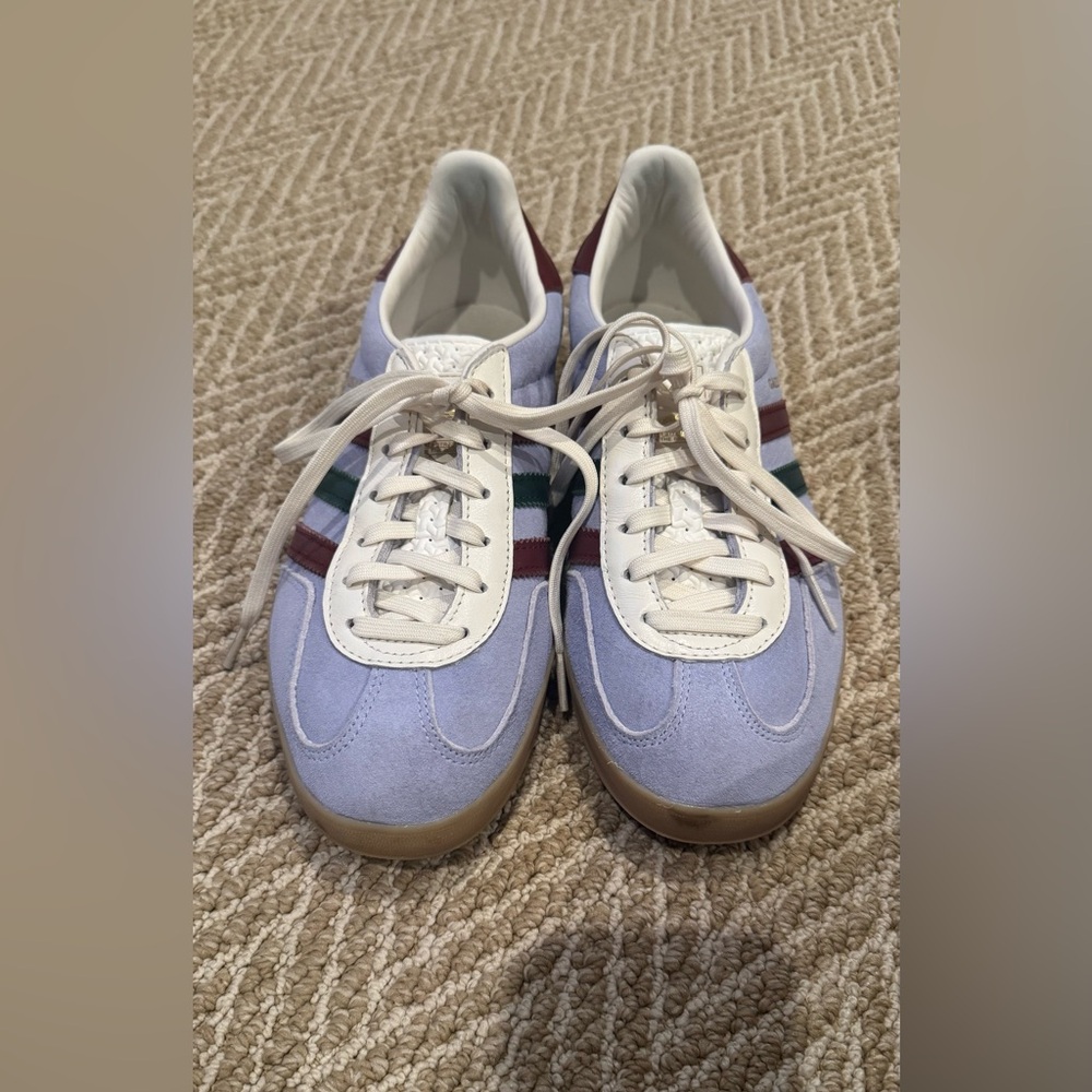 adidas Periwinkle Suede Sneakers with Cream Laces and Burgundy/Green Stripes